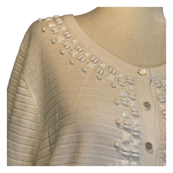 Talbots Beaded Cardigan Sweater White Ribbed Knit Button Front Long Sleeve XL - Picture 2 of 5